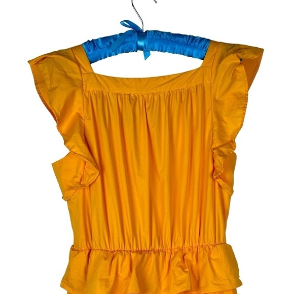 RACHEL PARCELL COTTON POPLIN FLUTTER SLEEVE RUFFLE TIER AMBER YELLOW MIDI DRESS - Picture 6 of 11
